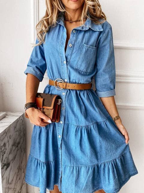 Square Neck solid Denim Dress with Full Button Placket, Color: Light blue, Size: XXL
