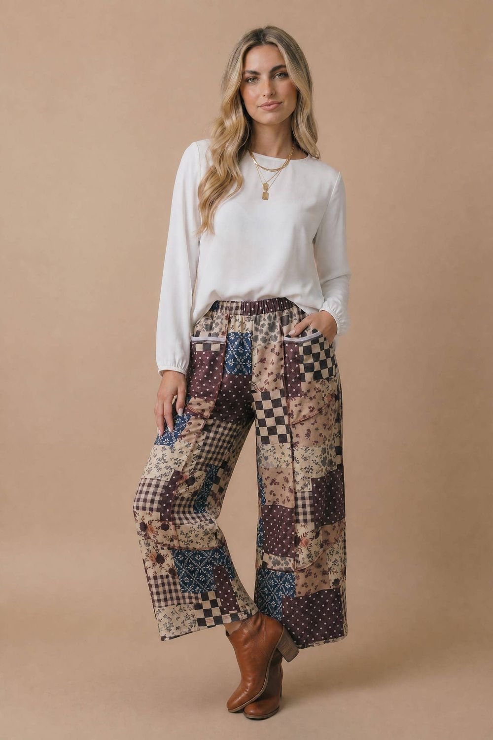 Patchwork Floral French Terry Pants, Color: BROWN, Size: L