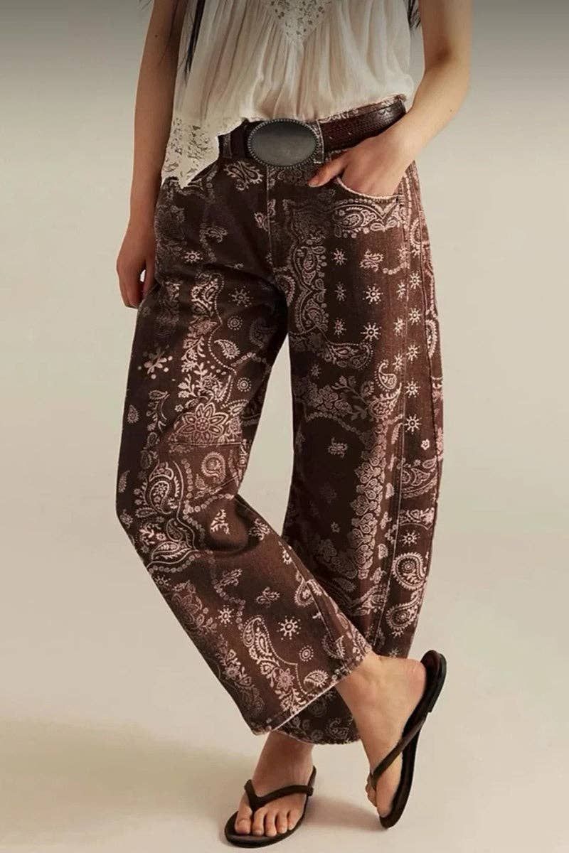 Paisley Print Barrel Jeans, Color: BROWN, Size: S