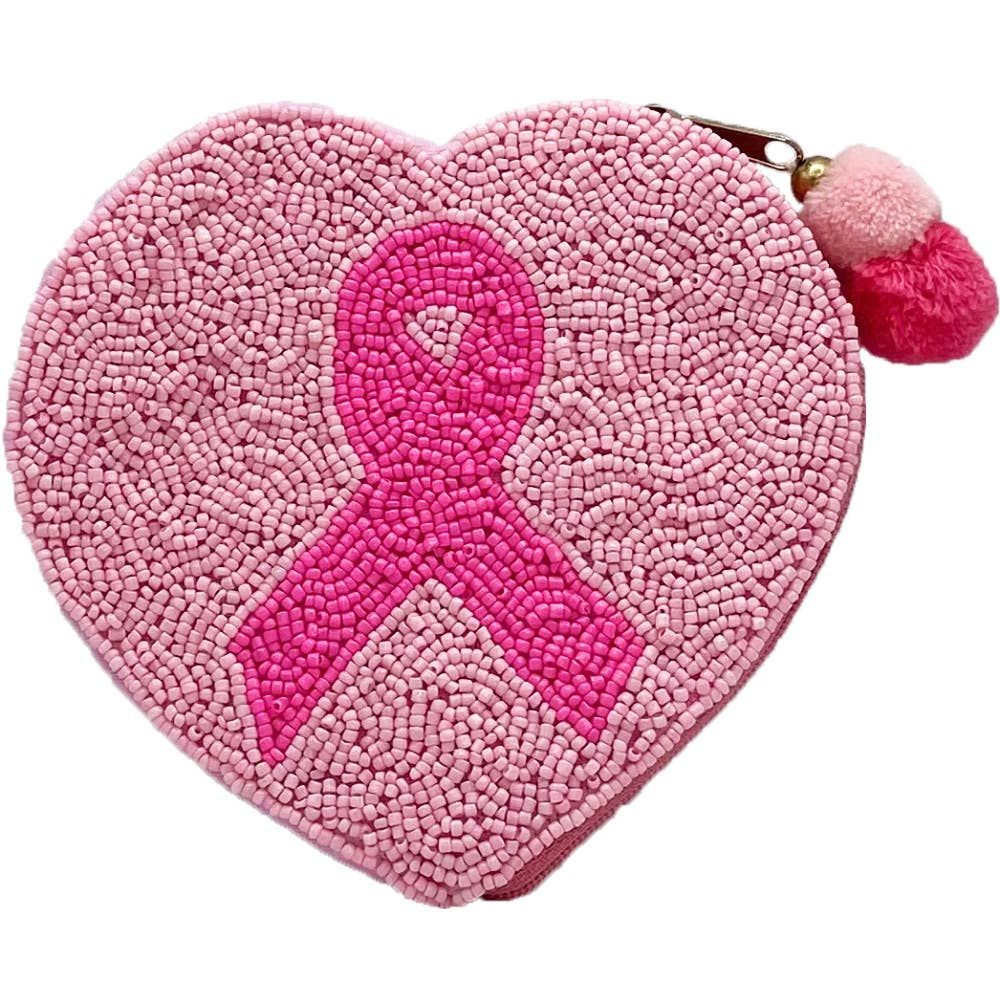 HEART CANCER RIBBON BEADED POUCH