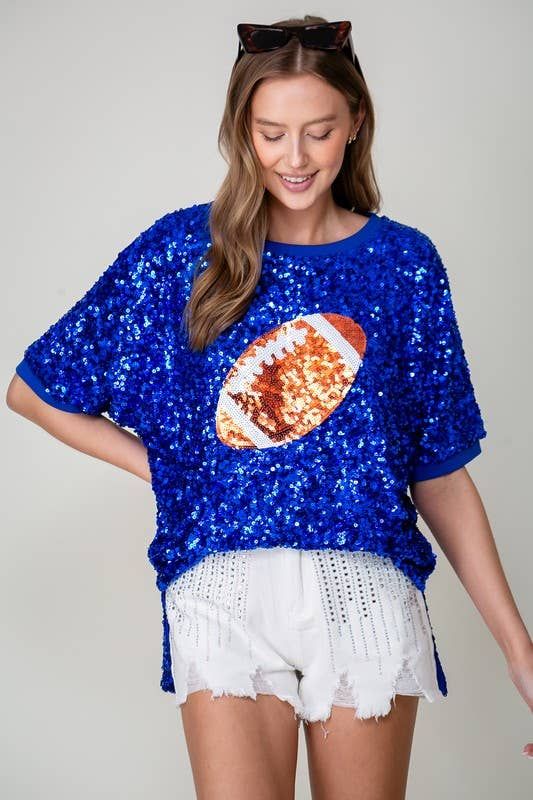 Sequin Football Graphic Top, Color: Royal, Size: M