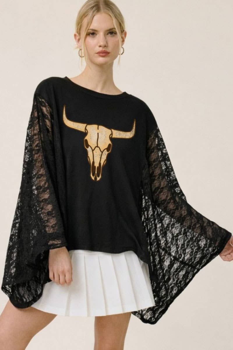 PUFF' Stitches Cow Skull Graphic Lace Wing Kaftan Top, Color: BLACK, Size: L