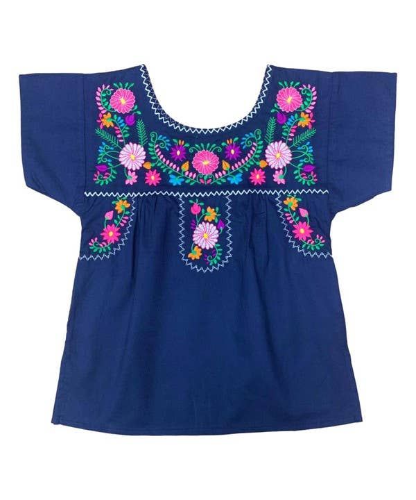 Unik Traditional Puebla Mexican Youth Blouse 4-14, Color: Navy, Size: 4