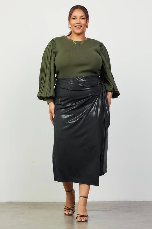 Plus Size Ring Detail Wrap Midi Skirt, Color: Black, Size: 1XL