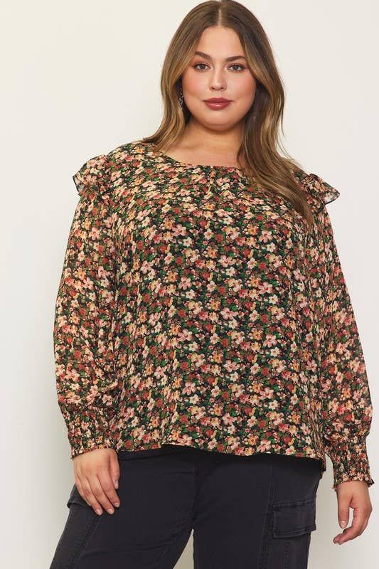 Plus Size Floral Print Long Sleeve Ruffle Blouse, Color: Black-Terracotta, Size: 1XL