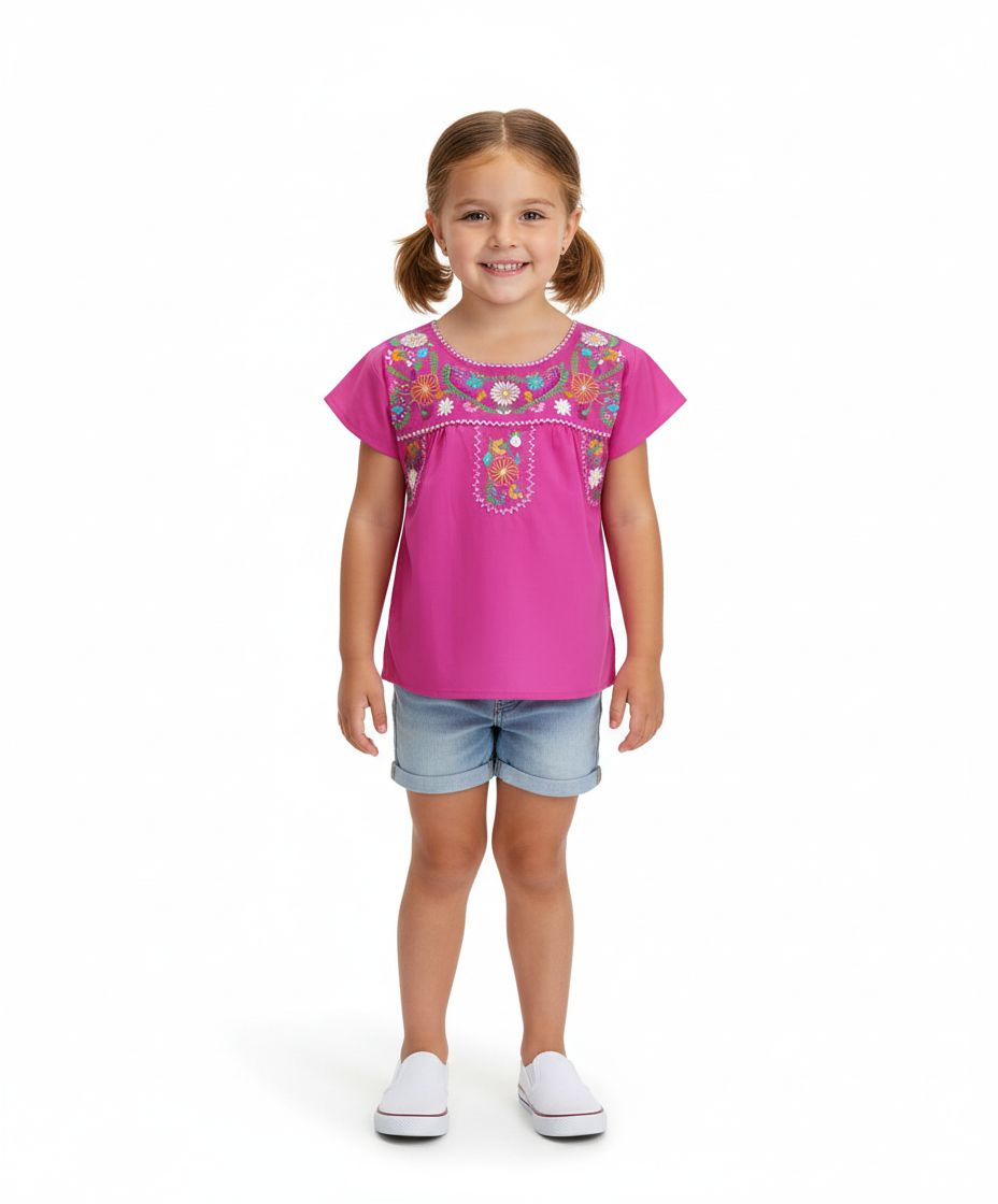 Unik Traditional Puebla Mexican Youth Blouse 4-14(1), Color: Pink, Size: 6