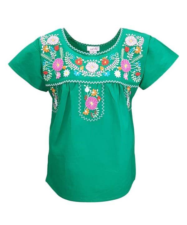 Unik Traditional Puebla Mexican Youth Blouse 4-14(1)(1), Color: Green, Size: 12