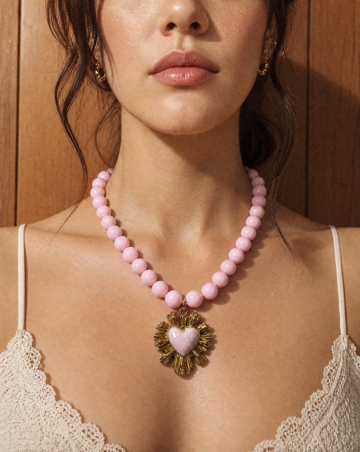 Sacred Heart Sunburst Beaded Choker, Color: Pink