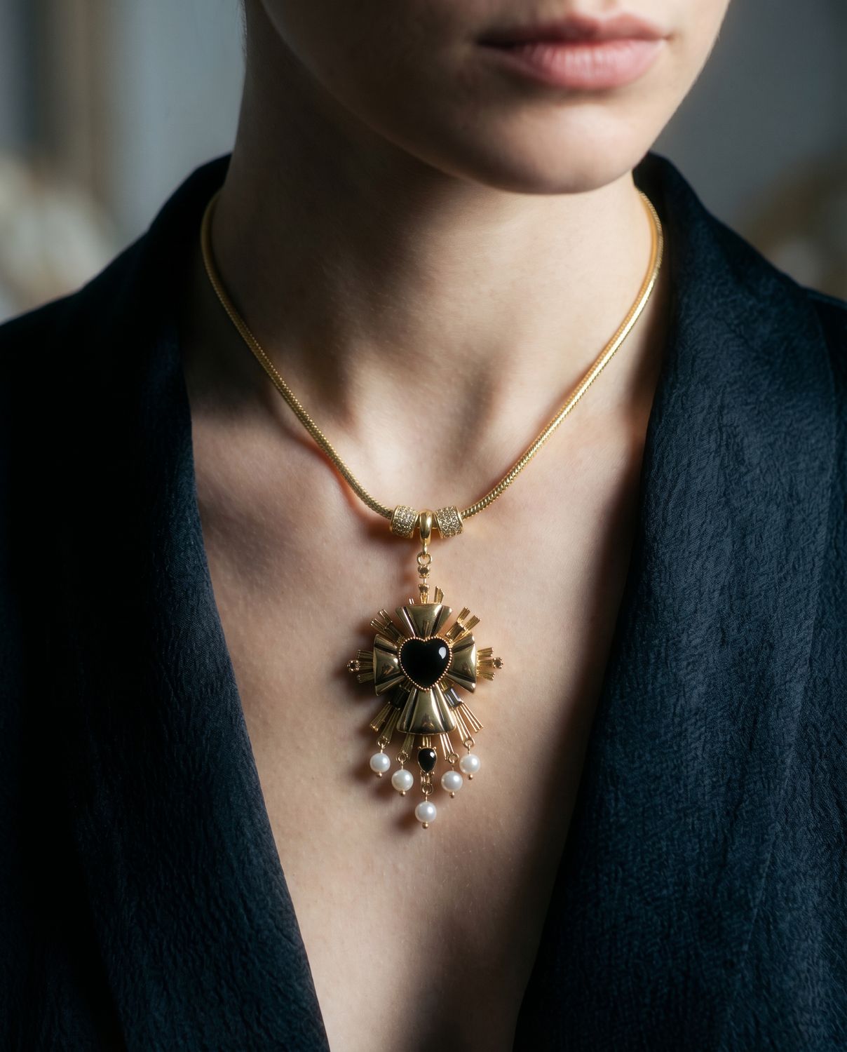 Maximalist Sacred Heart Cross Pendant Necklace · Black CZ Heart · Pearl Drops · Catholic Statement