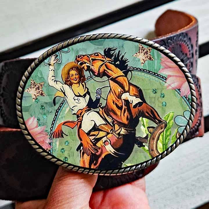 Western Cowgirl Rider Oval Belt Buckle