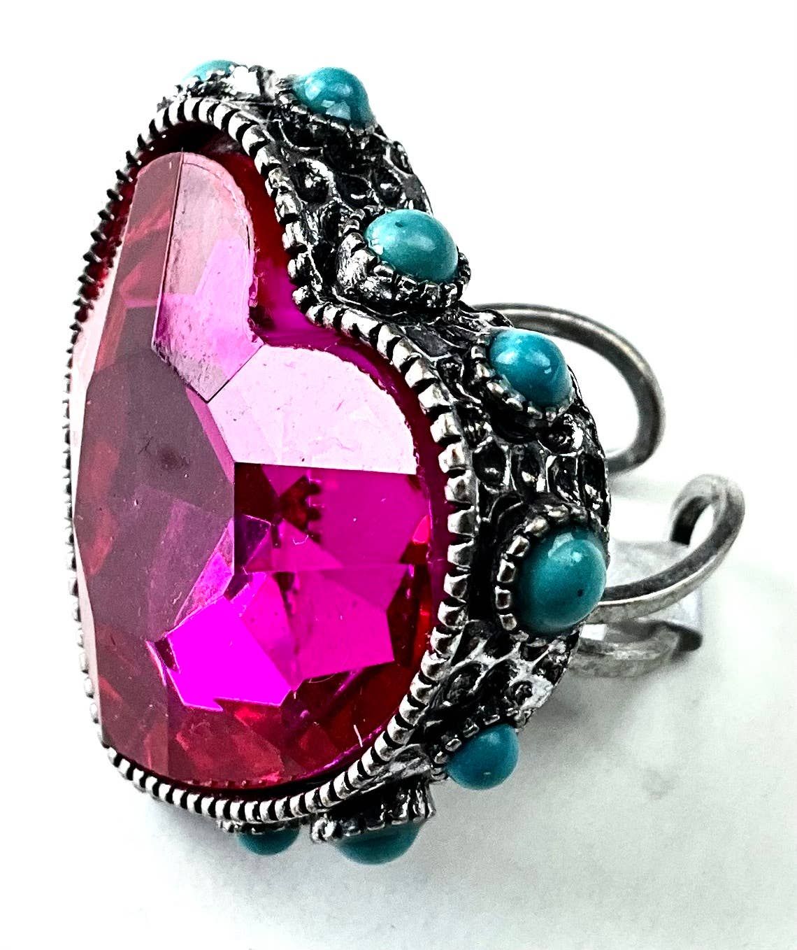 SR156 RG PINK HEART STONE W/TURQ ADJUSTABLE RING