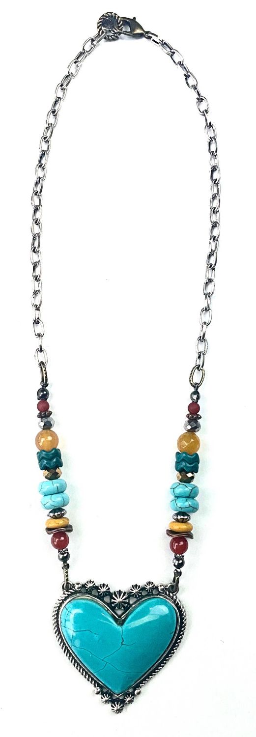 SE697 NK SHORT BEADED W/BEZELED TURQ HEART PENDANT
