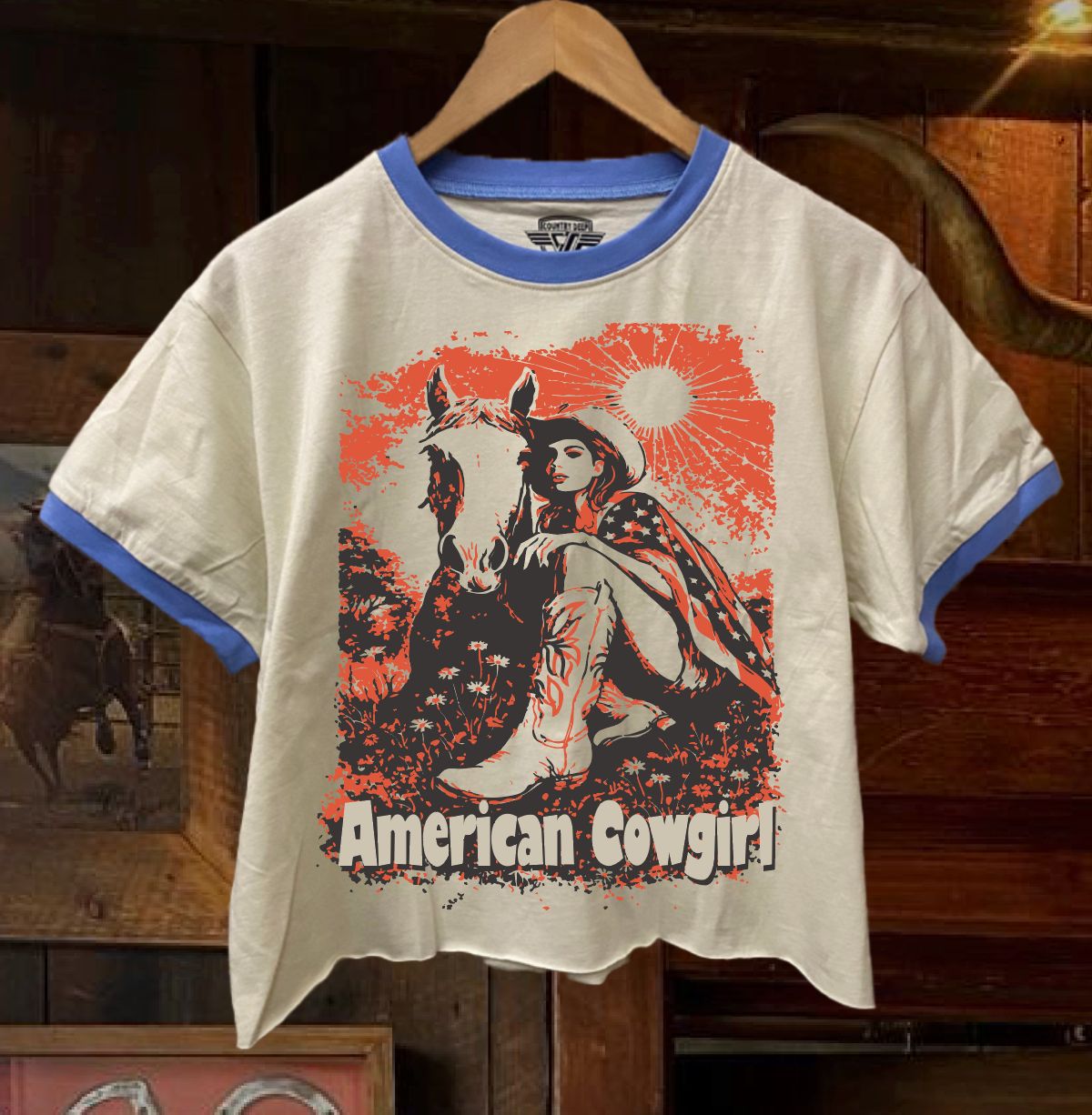 American Cowgirl ringer Relaxed Crop Tee, Size: Small Natural/Baby Blue