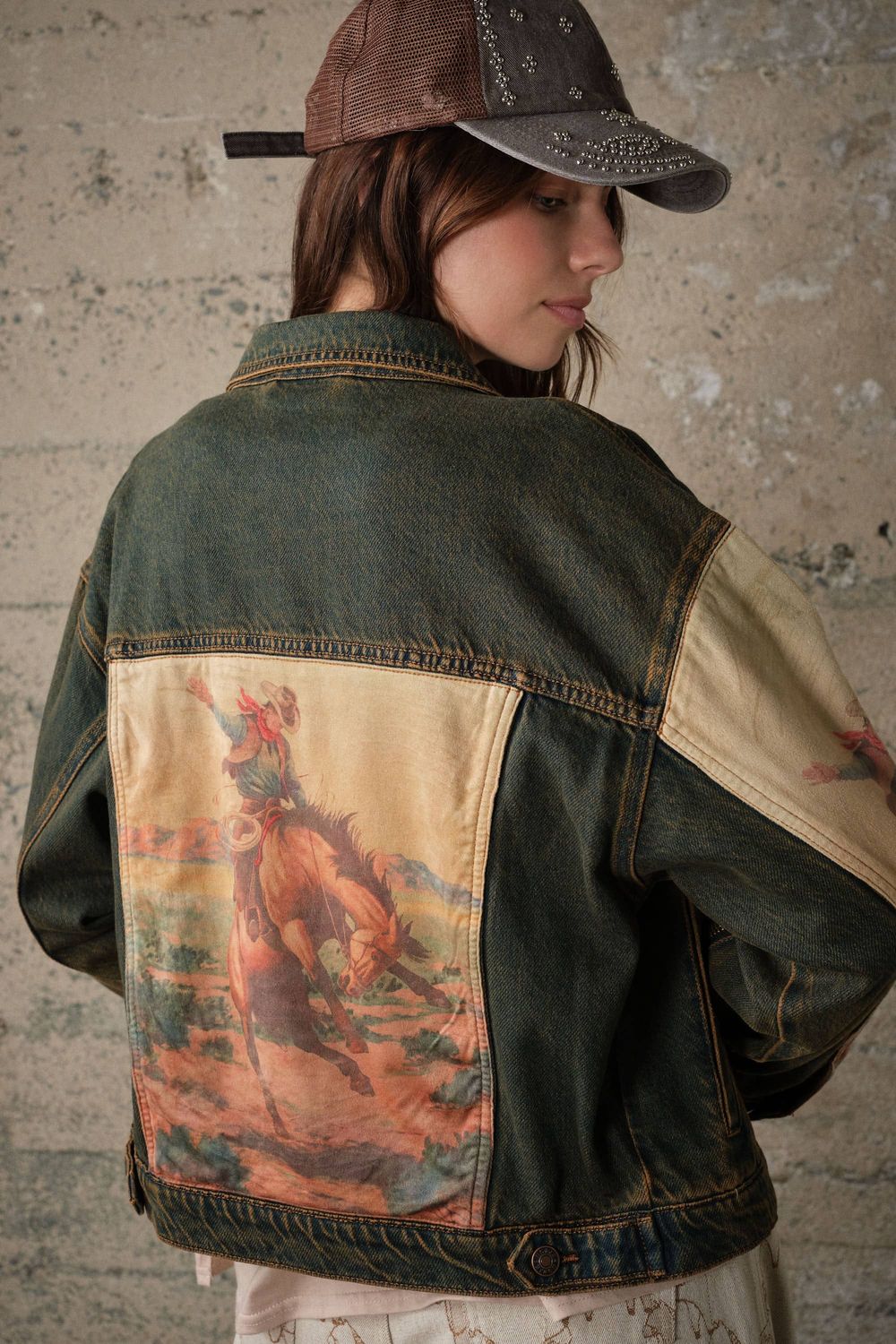 15544J Western Print Mix Denim Jacket, Color: DARK WASH, Size: Small