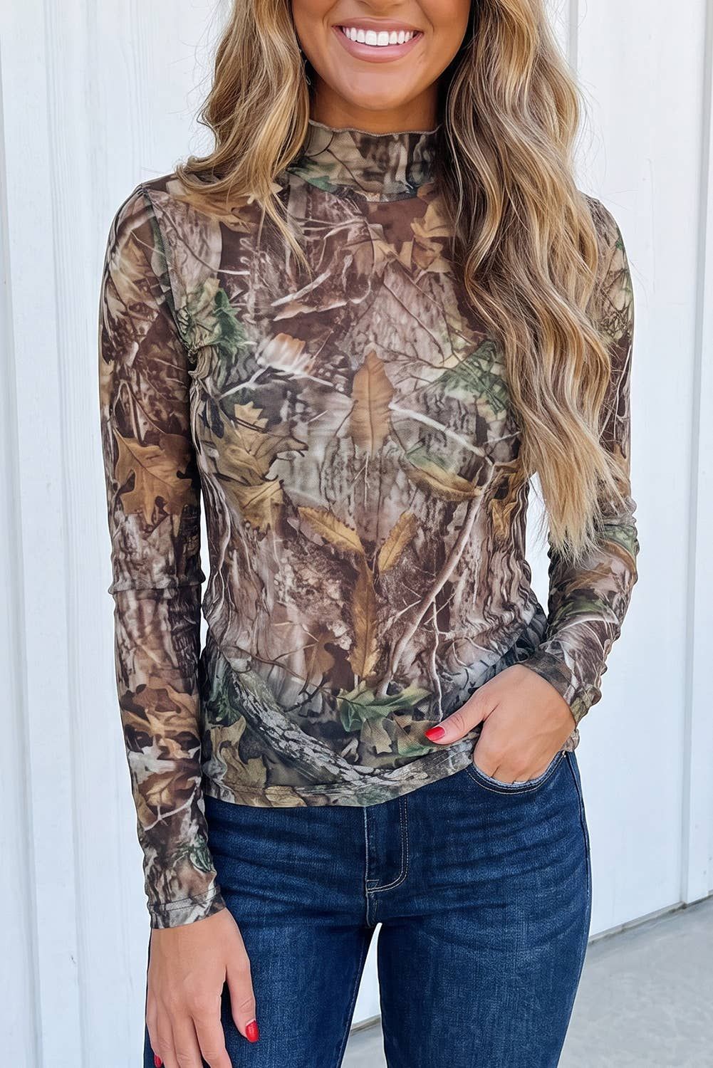 LAS Western Graphic Slim Fit Mesh Mock Neck Top (S-XL), Color: Camo, Fit: Missy, Size: XL