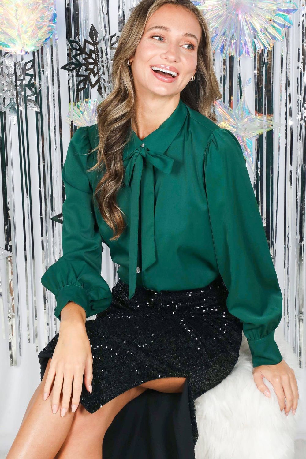 Collared Tie Neck Pearl Button Accent Woven Blouse VT81416, Color: Hunter Green, Size: M