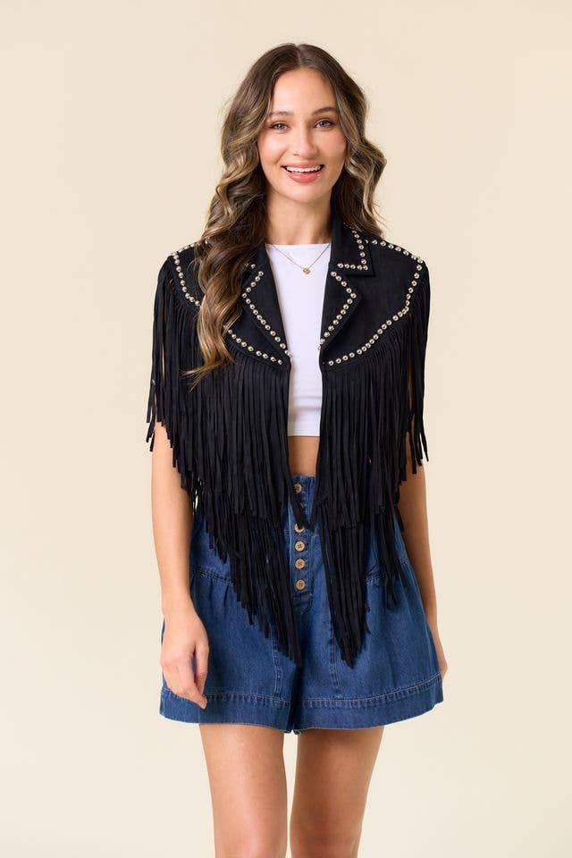 BLACK STUDDED FRINGE SHRUG