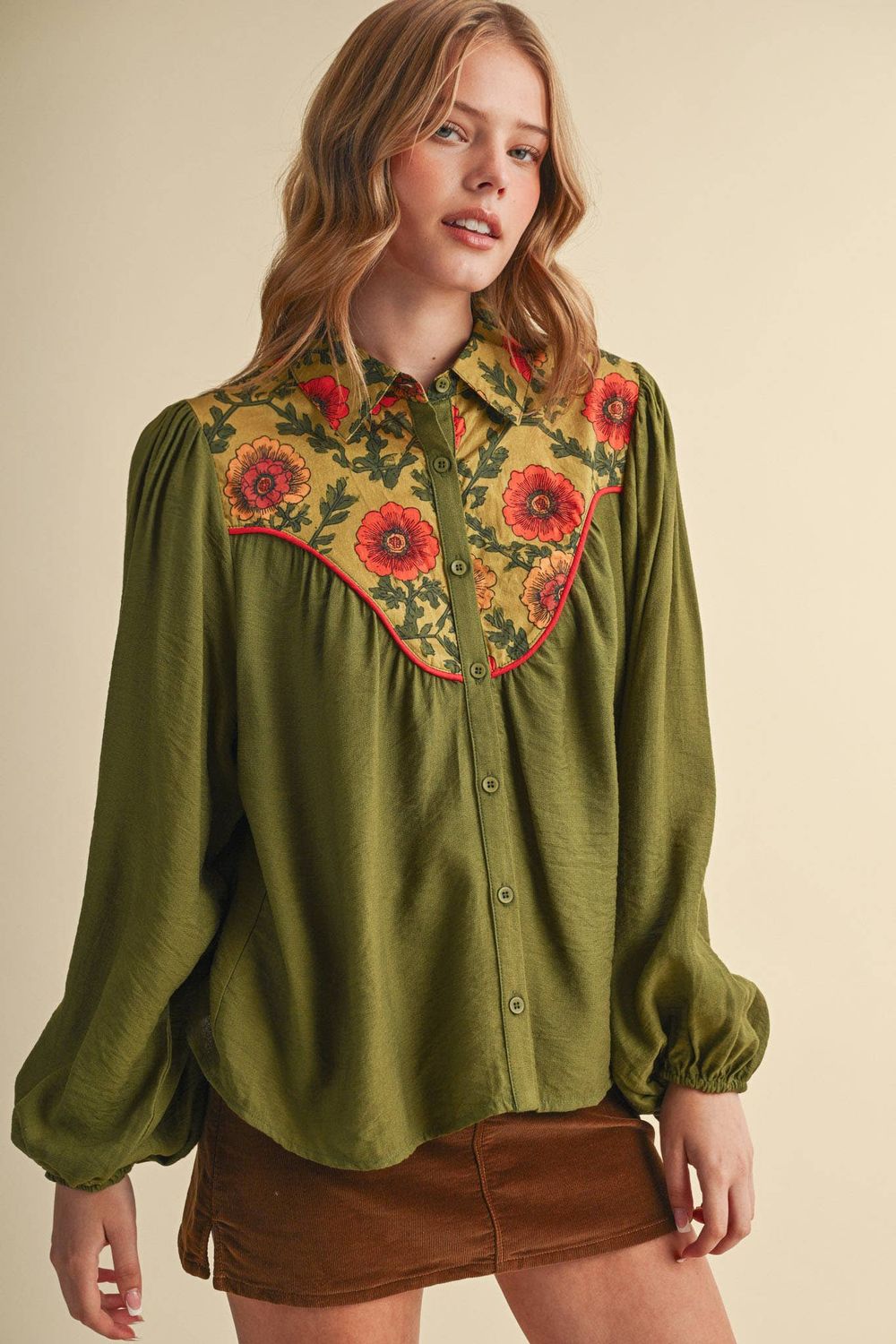 CONTRAST YOKE BUTTON UP TOP WITH PIPING MTP5231, Color: OLIVE, Size: S