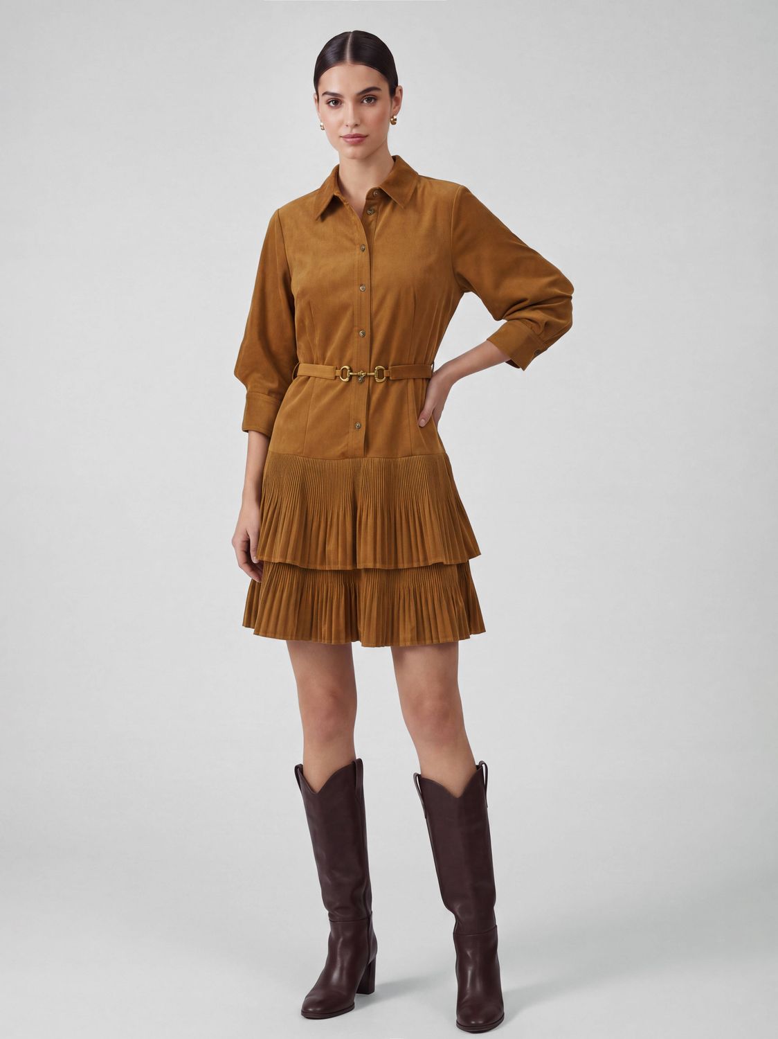 Corduroy Tiered Pleated Shirt Dress, Color: Gold Spice, Size: S