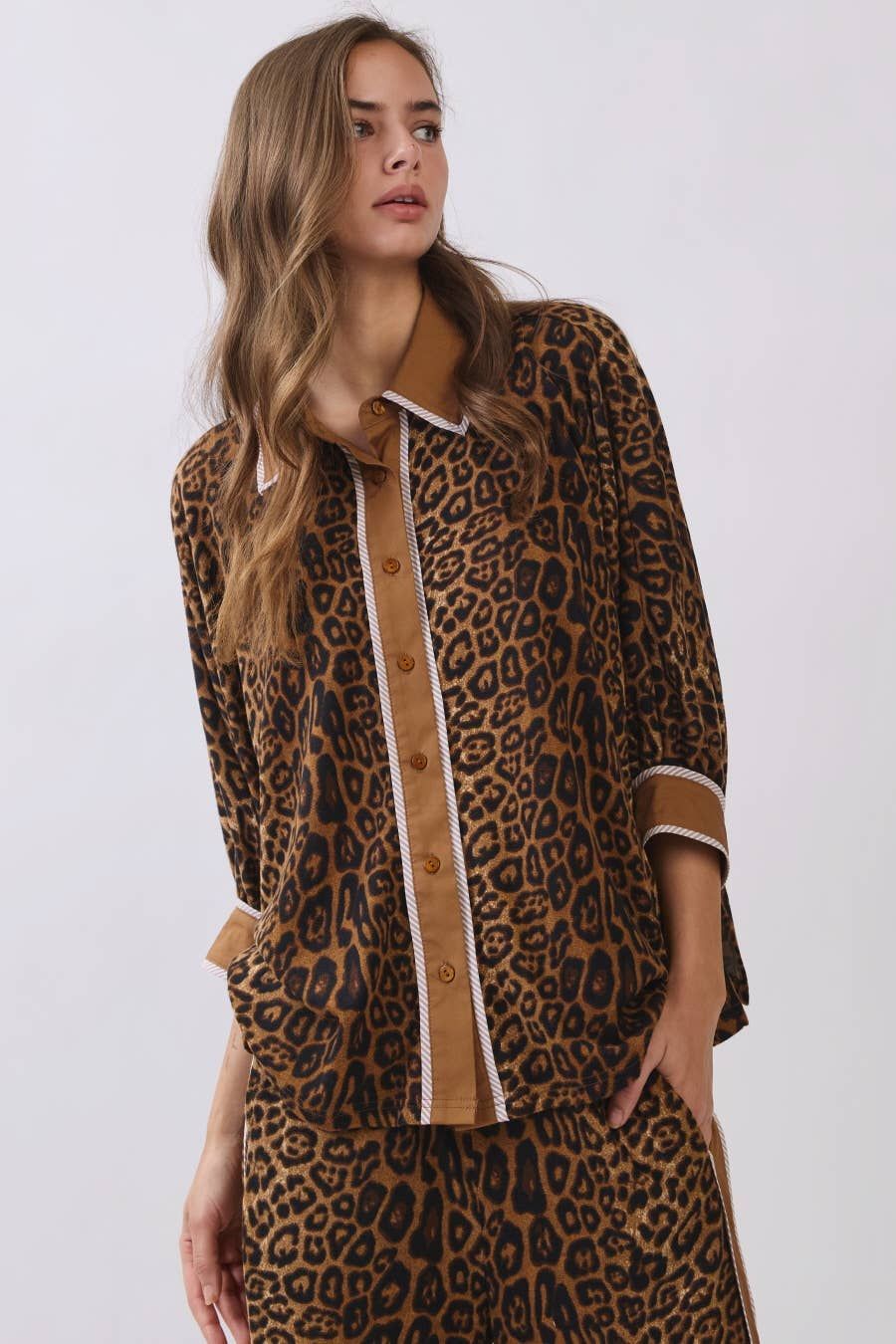 Leopard Print Hacci Wide Leg Pants, Color: BROWN LEOPARD, Size: S