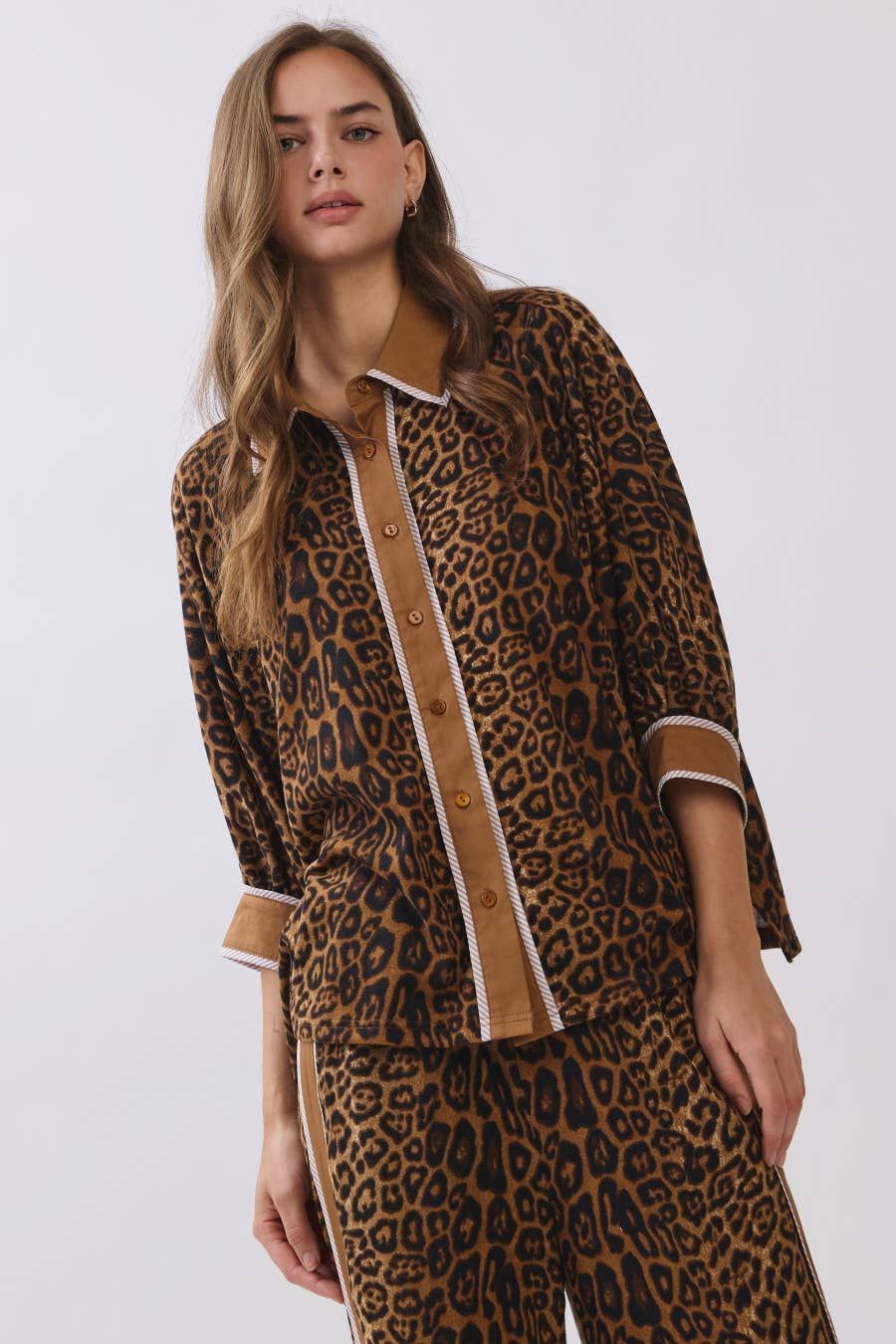 Leopard Print Hacci Button-front Batwing Shirt, Color: BROWN LEOPARD, Size: L