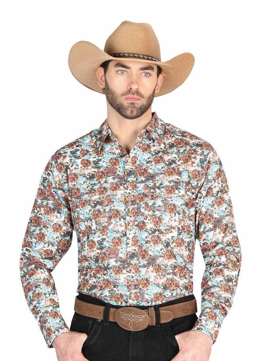 El General Men’s Long Sleeve Snap Button Western Shirt - Brown/Blue 44330