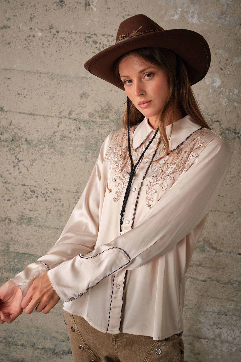 33637T Western Horse Embroidered Satin Shirt, Color: BEIGE, Size: Small