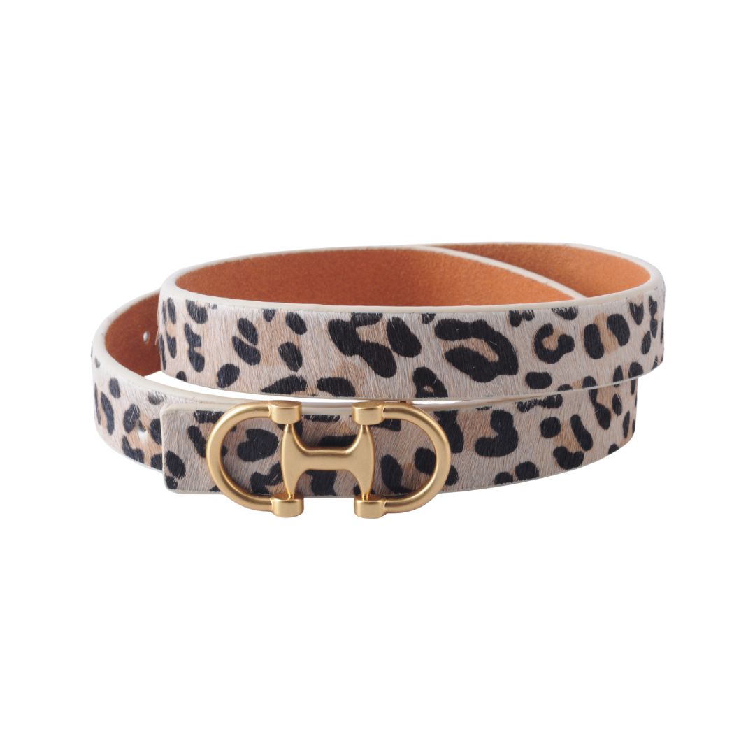 Horsebit Buckle Equestrian Stitched Suede/Napa Leather Belt(1), Color: Leopard, Size: Medium (M)