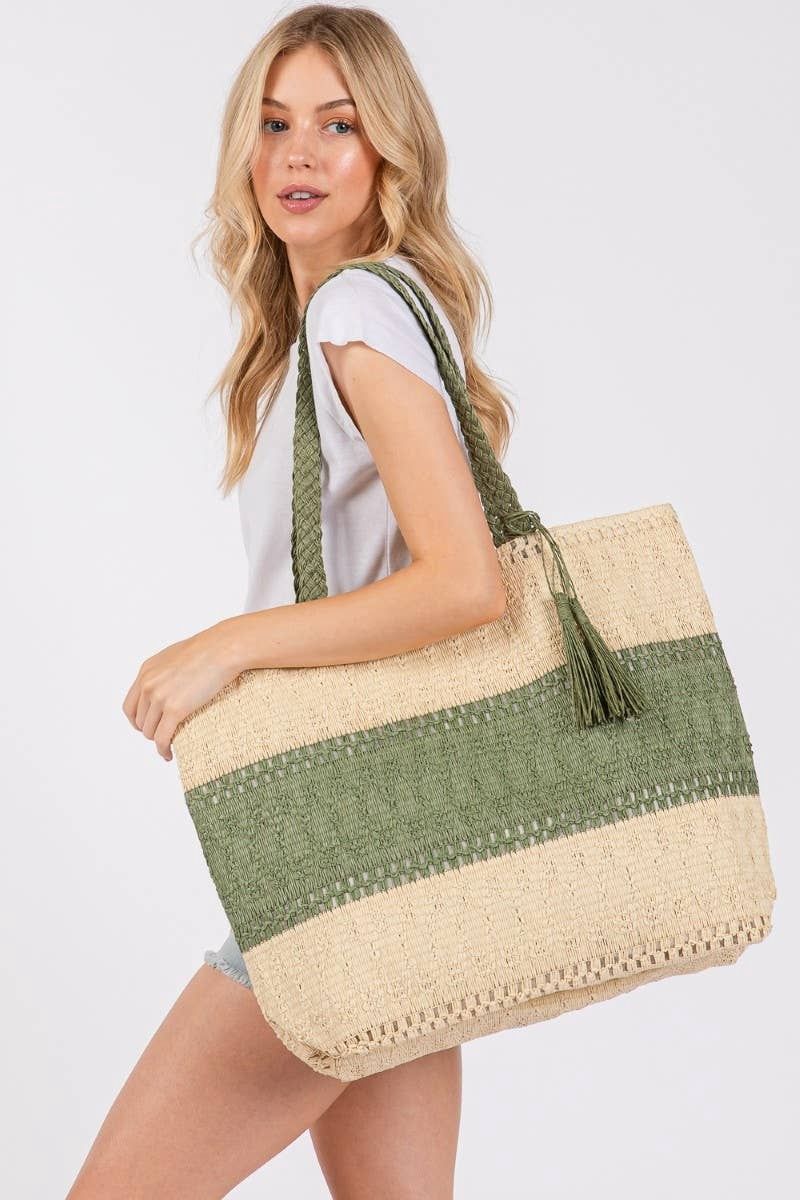 Olive Colorblock Woven Tote Bag, Color: OV