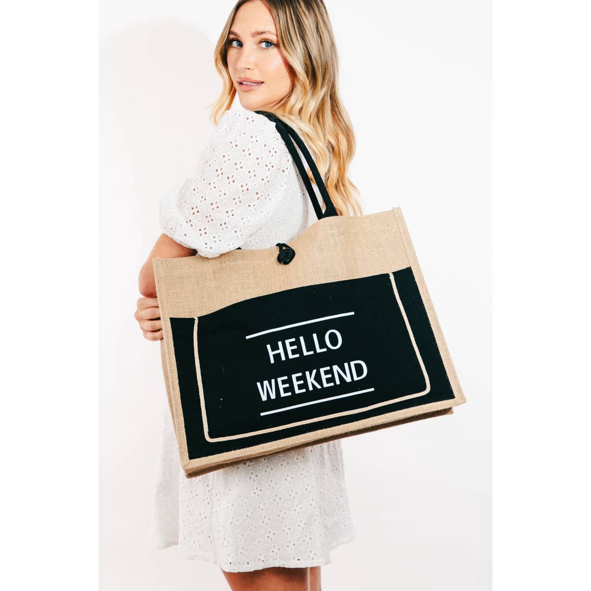 Hello Weekend Burlap Tote Bag, Color: Black