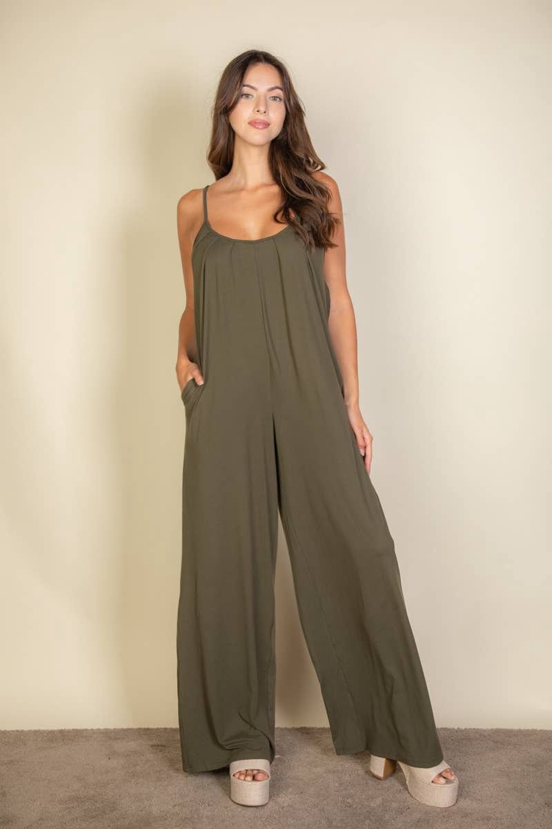 Wide Leg Spaghetti Strap Jumpsuit, Color: Olive, Size: L