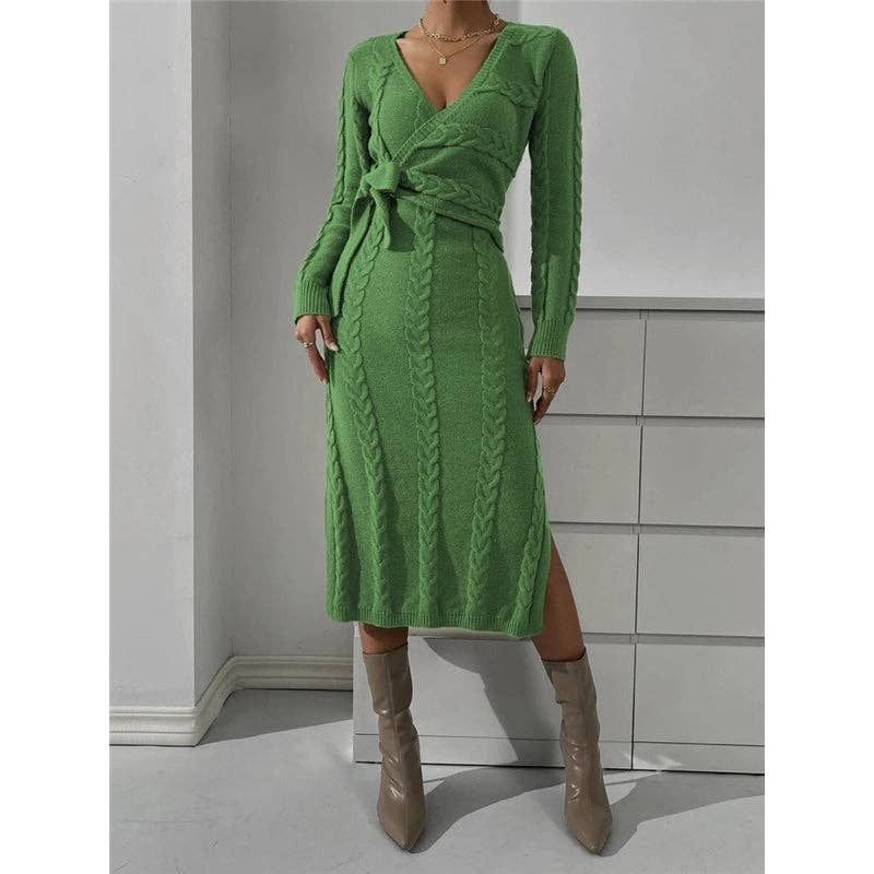 Stylish Long Sleeves Bandage Crochet Jacquard V-Neck Maxi Sweater Dresses