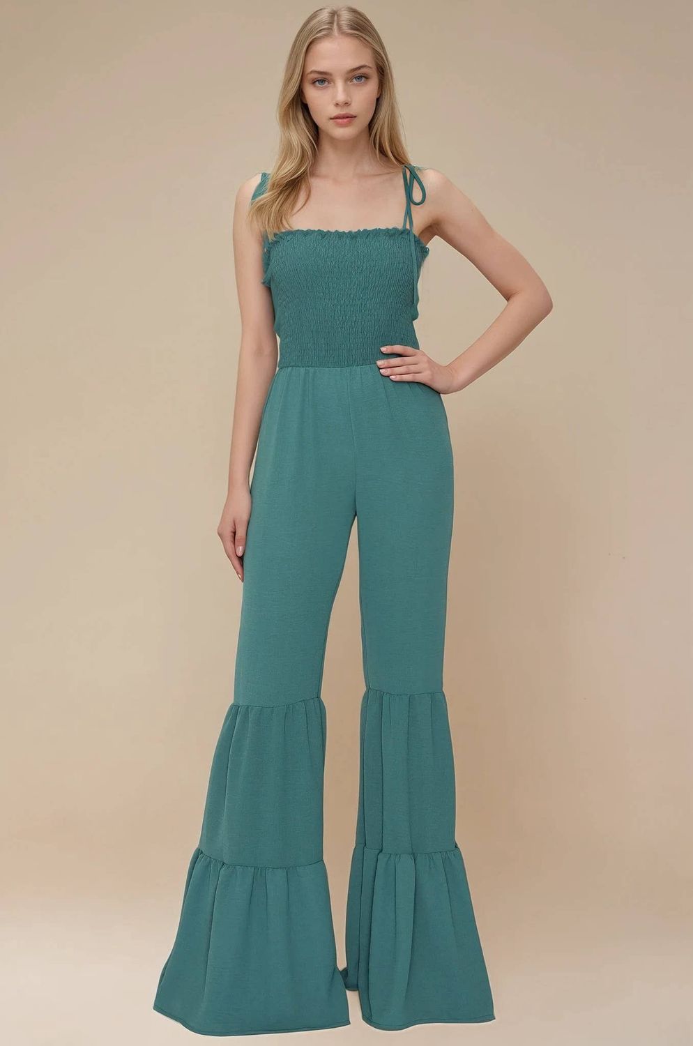 BOHO SMOCKED FLARED JUMPSUIT
