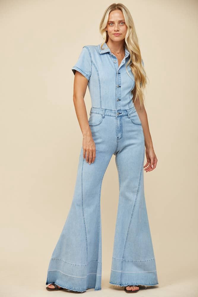 WIDE LEG DENIM JUMPSUIT, Size: L