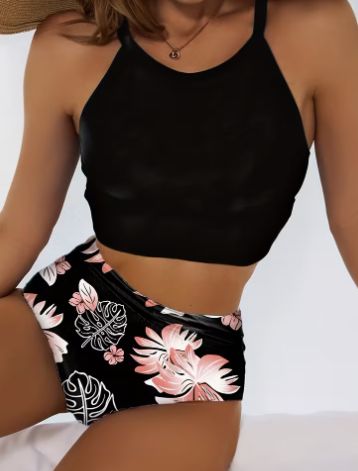 Black High-Neck Tropical High-Waisted Bikini Set