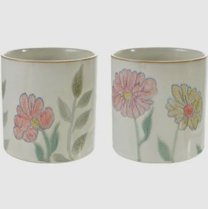 Hand-Painted Stoneware Planter with Flowers 5" pot