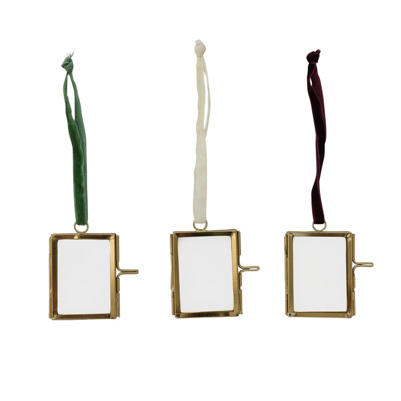 Brass &amp; Glass Photo Frame Ornament w/ Velvet Ribbon
