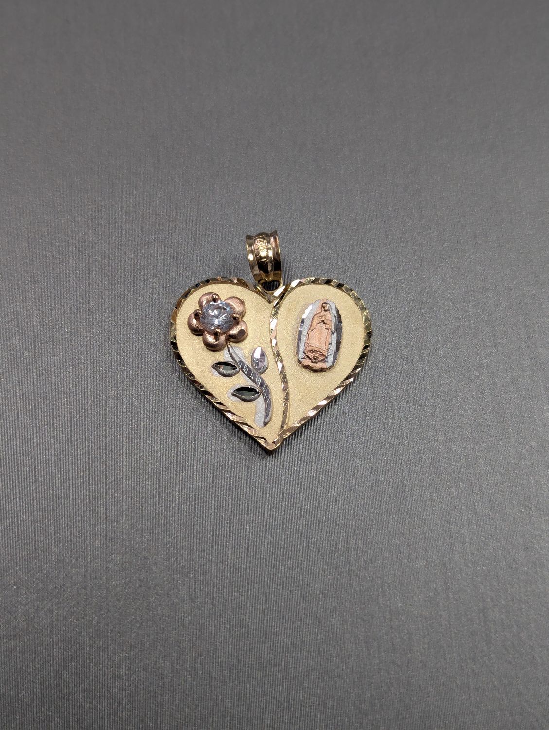 14K Tri Color Guadalupe Flower CZ Pendant (2.5g)