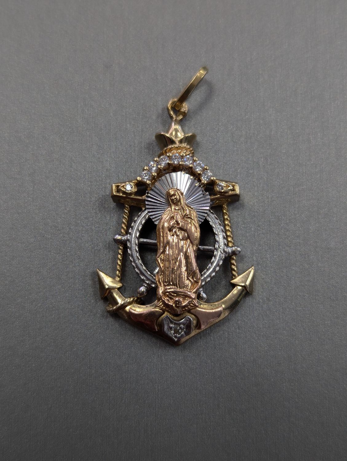 14K Tri Color Anchor Guadalupe CZ Pendant (6.9g)