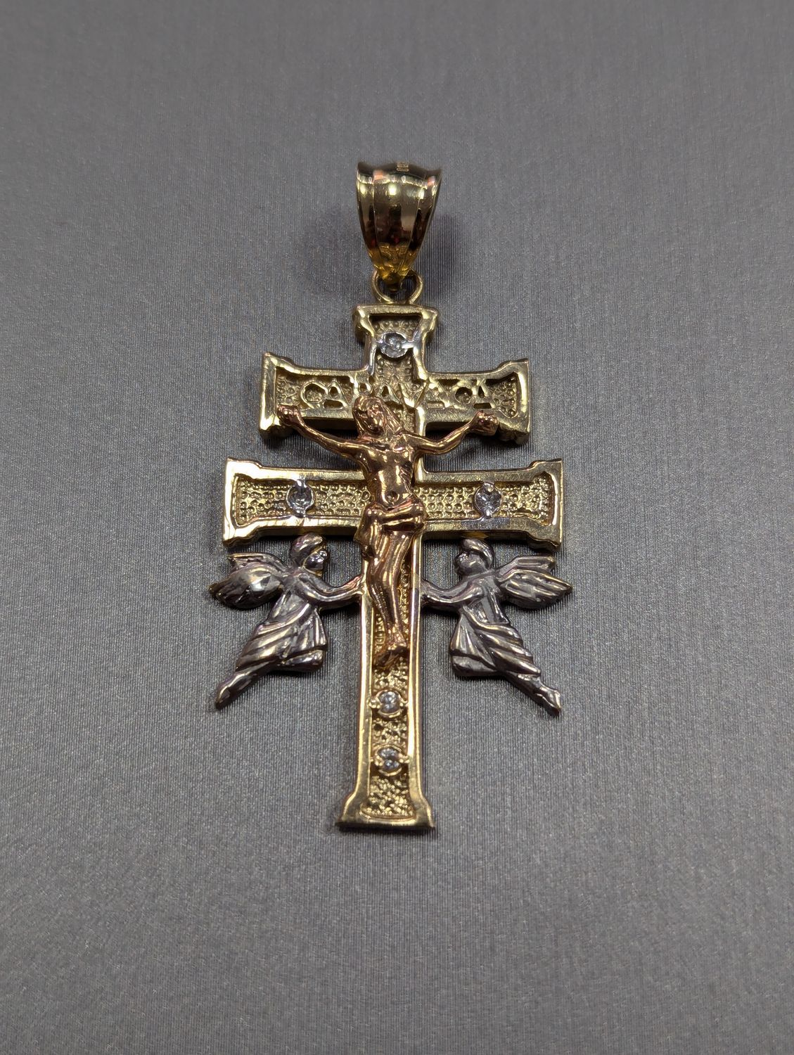 14K Tri Color Crucifix Angels Pendant (8.9g)