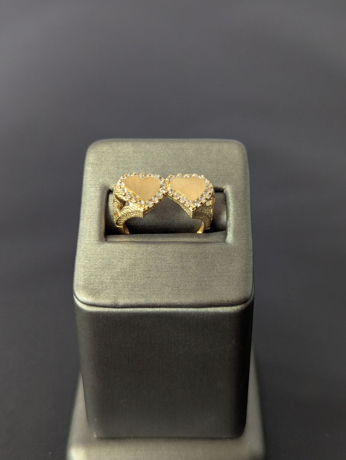14K YG Double Heart Engraveable CZ Ring (S7 | 3.8g)