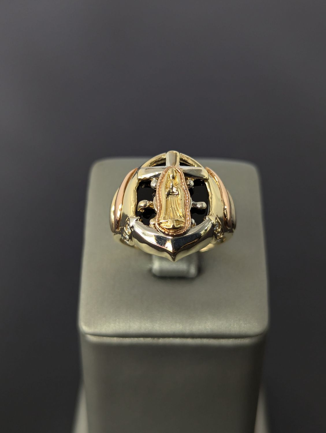 14K CZ Tri Color Anchor Virgin Mary Ring (S10 | 10g)