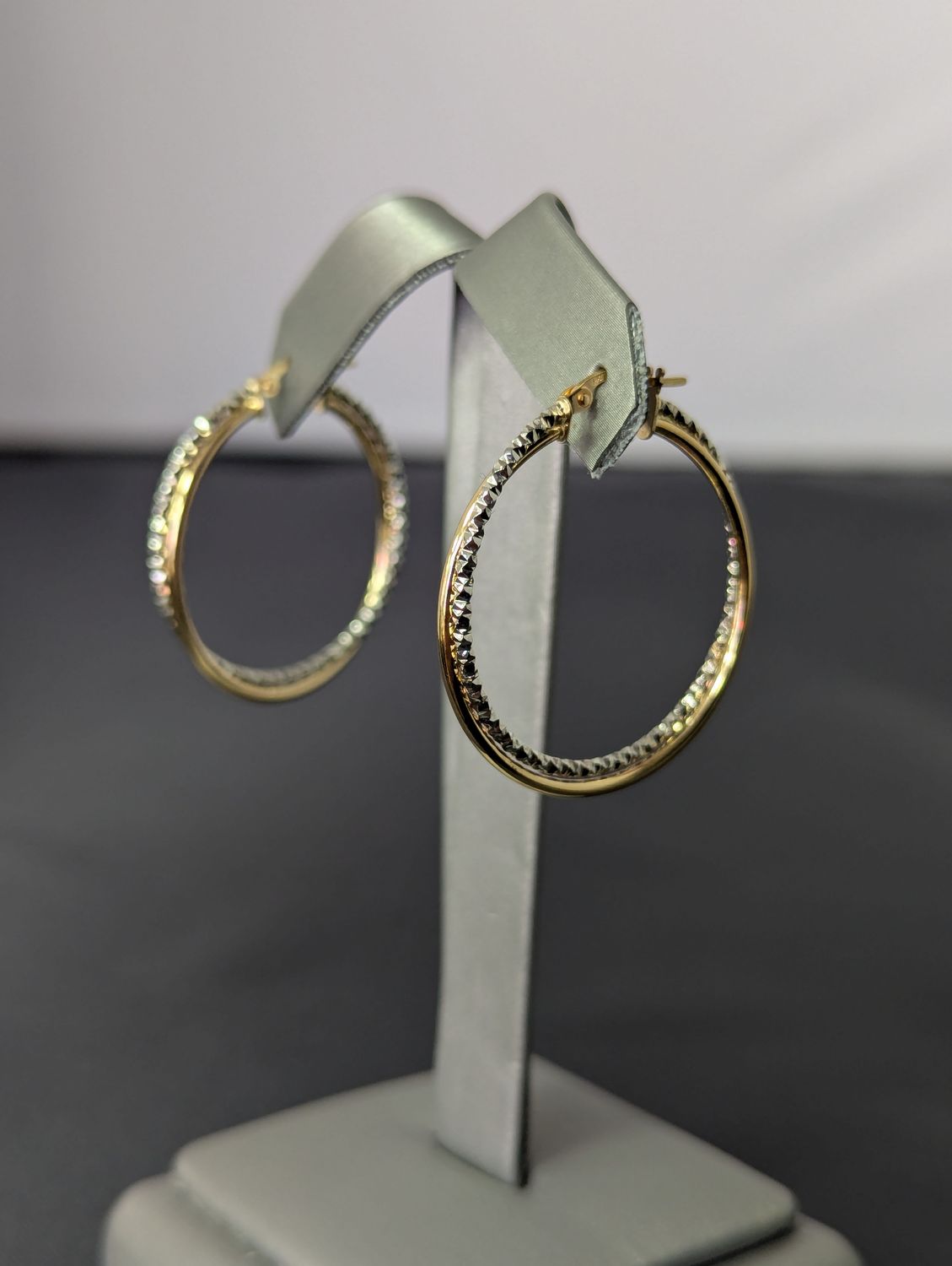 14K YG/WG Dia Cut Twisted Hoop Earrings (2.4g)