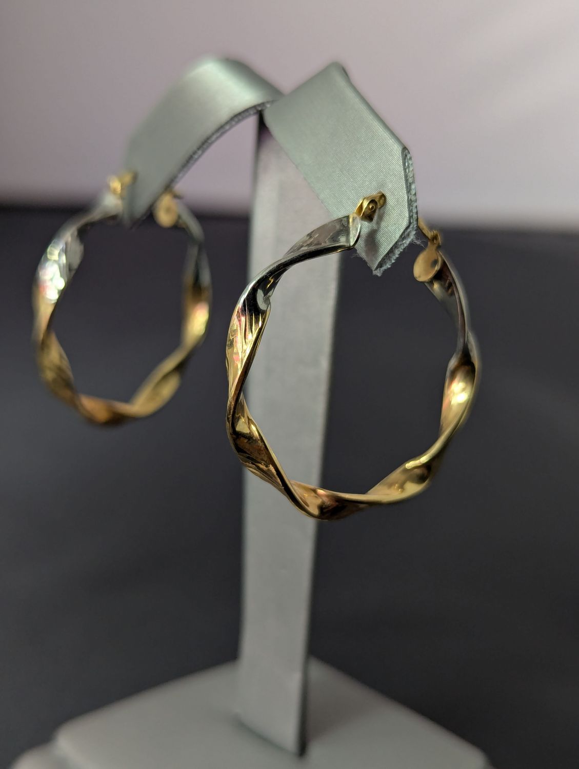 14K Tri Color Twisted Hollow Hoop Earrings (3.0g)