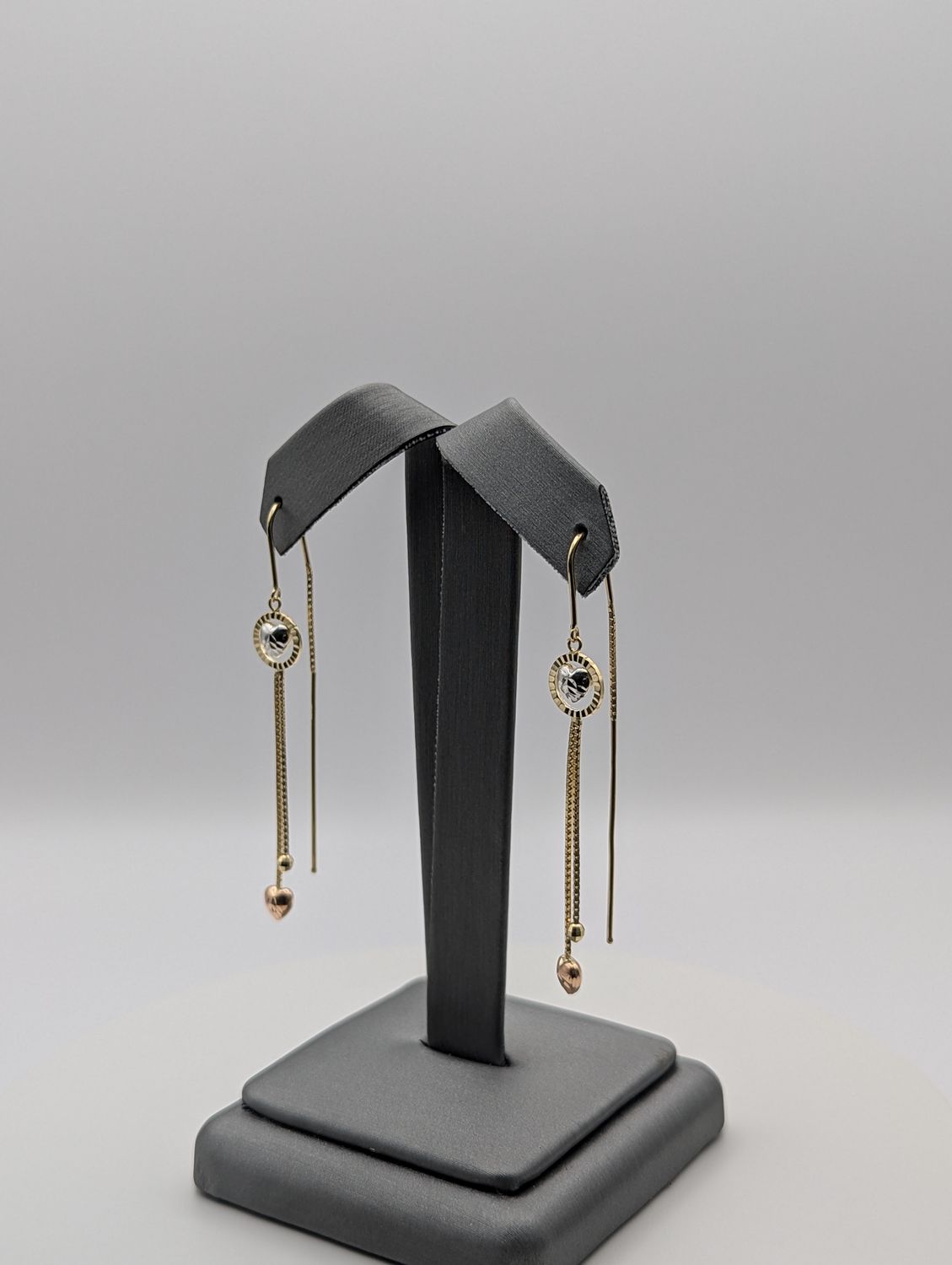 14K Tri Color Heart Dangly Earrings (2.4g)