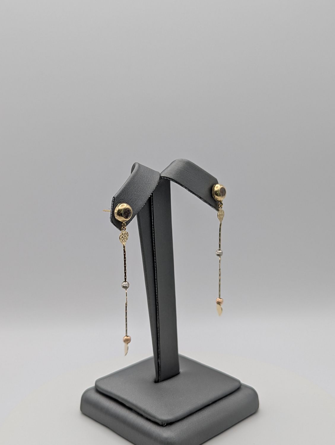 14K Tri Color Dia Cut Heart Dangly Earrings (2.3g)
