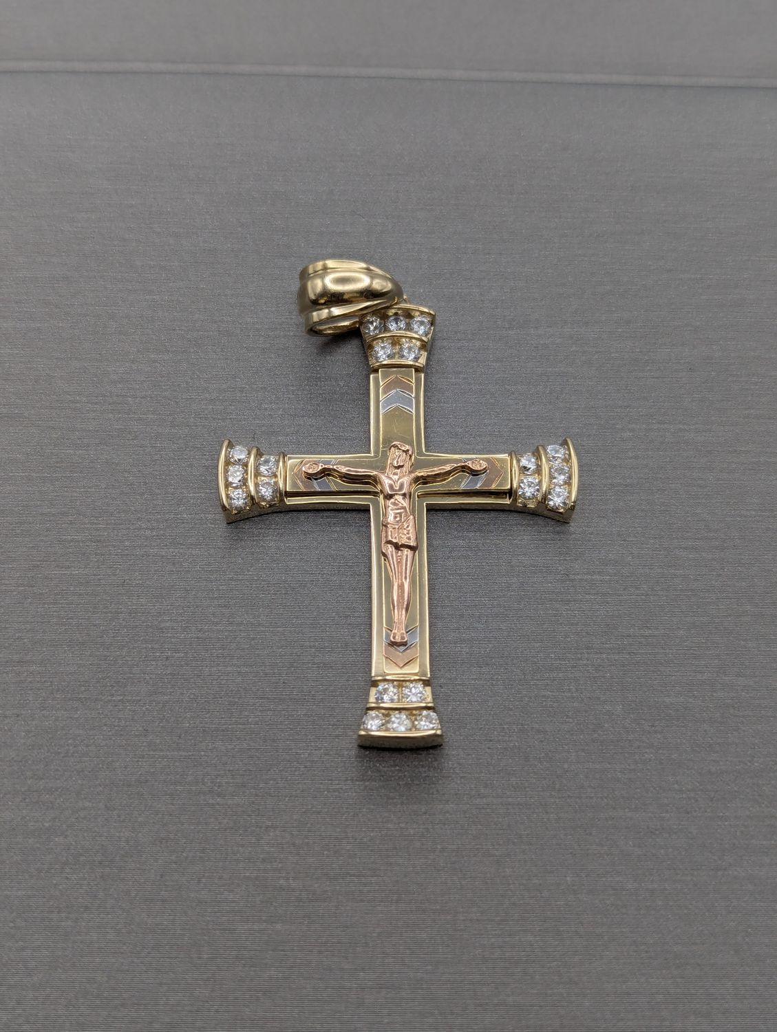 14K Tri Color CZ Crucifix Pendant (8.4g)