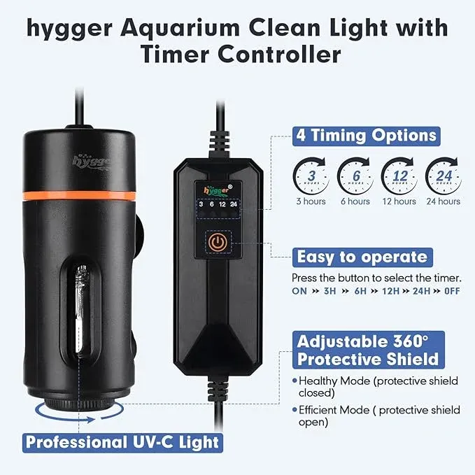 Hygger 360° Protective Shield Aquarium U-V Light with Timer 5W