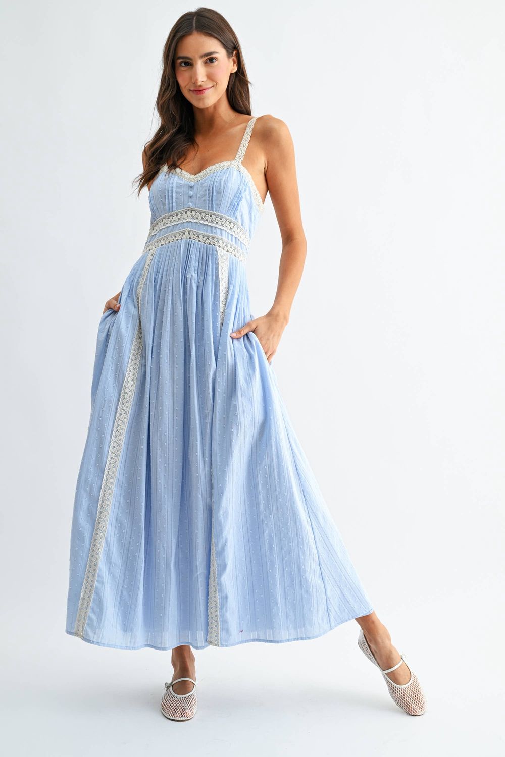 Breezy Blue Lace Trim Maxi Sundress, Color: LT.BLUE, Size: Small