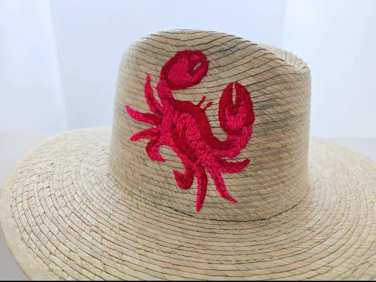 Embroidered Crab straw hat, Color: Red Crab